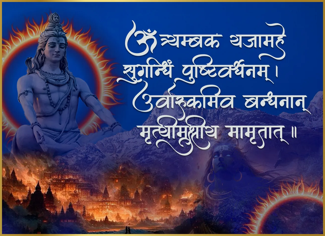 Devotee chanting Mahamrityunjaya Mantra with image of Shiva for healing and protection